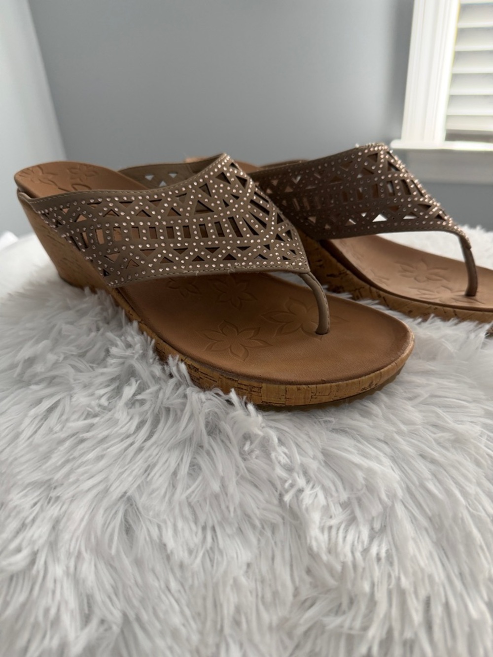 Skechers Taupe Laser-Cut Wedge Thong Sandals